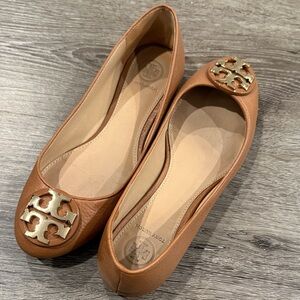 Tory Burch Brown Leather Flats with Gold Logo